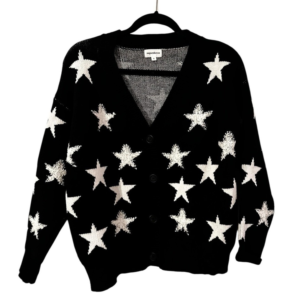 Superdown Black Star Print V-Neck Button Front Cardigan Sweater Womens Small